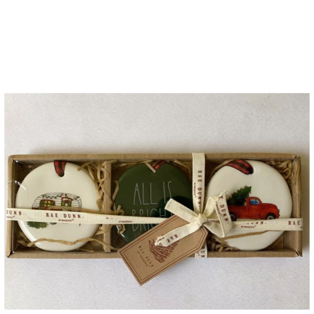 NEW Rae Dunn Christmas Tree Ornaments Set Camper, All is Bright & Red Truck